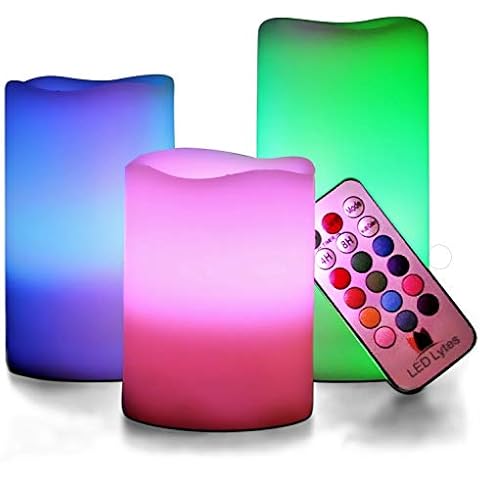 LED Lytes Flameless Candle Lamp - Battery Operated Candles Vanilla Scented Set of 3 Round Ivory Wax Flickering Multi Colored Flame, auto-Off Timer Remote Control for Weddings, Parties and Gifts Cover