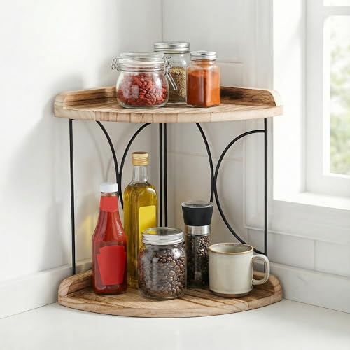 Image of Goaste 2-Tier Bathroom Counter Organizer, Wood Vanity Corner Shelf, Skincare Storage Standing Tray, Kitchen Countertop Spice Rack, Makeup Perfume Holder for Bathroom Organization, Dresser, Kitchen