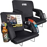 BRAWNTIDE Stadium Seat for Bleachers with Back Support - Wide Padded Reclining Bleacher Seat, Portable Folding Stadium Chair with Armrests, Hooks, Straps, Cup Holders & Pockets (Black, 21', 2 Pack)