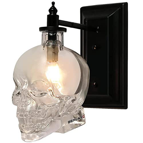 Aplique de Pared Vintage de rústico, lámpara de Pared Industrial clásica con minipantalla de Cristal de 15 cm con Forma de Calavera, lámpara de Noche para Sala de Estar y baño (Negro G9)
