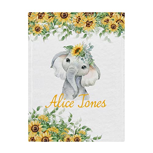 PUREFLY Personalized Baby Girl Blanket with Name-Custom Name Baby Blanket for Girls, Customized Elephant Floral Sunflowers Toddler Baby Fleece Blankets for Girls Boys Gifts for Newborn Infant