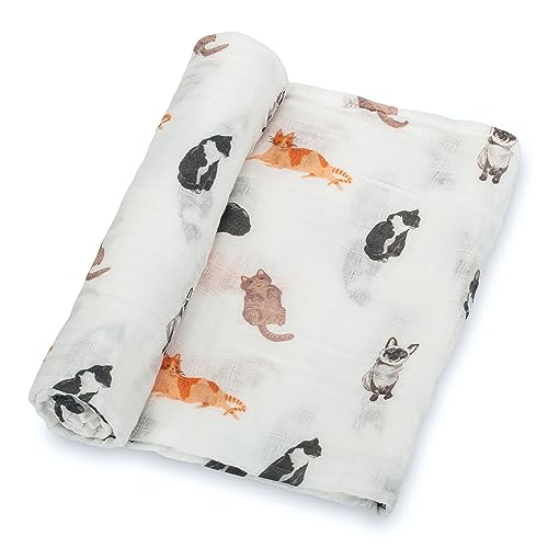 Image of LollyBanks Swaddle Blanket for Boys and Girls, 100% Cotton Muslin Swaddle Blankets for Newborn Baby, Large 47 x 47 Inches Soft and Breathable Receiving Blanket, Baby Essentials, Registry (Cat Print)