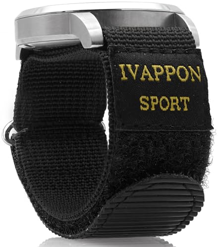 IVAPPON Sport Watch Band, Hook and Loop Nylon Strap, 20mm Width, Drop Prevention Design, Black & Silver Stainless Steel Buckle,Extended size