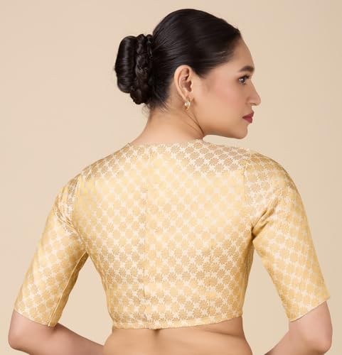 Image of Studio Shringaar Women Brocade Silky Jewel Neck Readymade Elbow Length Sleeve Saree Blouse
