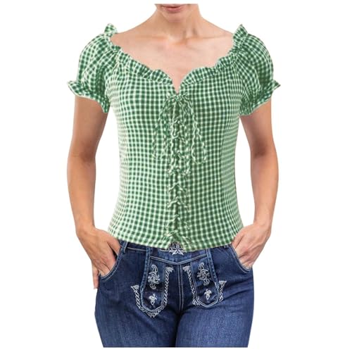 Generisch Dirndl Blouse Women's Oktoberfest Checked Button-Up Shirt with Waist, Green, M