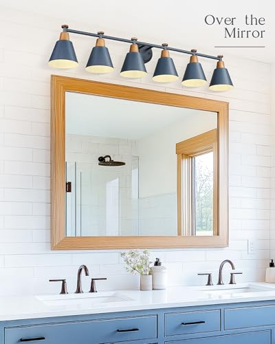 Image of FEMILA Vintage Bathroom Light Fixtures, 45.3 inch Vanity Lighting Fixtures Over Mirror, 6 Light Vanity Light, Blue Finish, 4FG59B-6W Blue