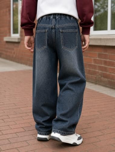 JiAmy Baggy Jeans chłopięce szerokie nogawki, gumowy ściągacz, spodnie dżinsowe rozm. 120-170, Nowoczesny niebieski, 150