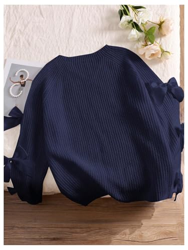 Image of SHENHE Women's Plus Size Sweaters Bow Cutout Crewneck Long Raglan Sleeve Knit Tops Chunky Sweaters