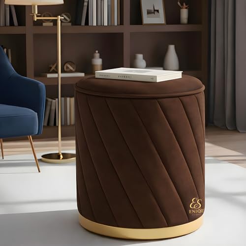 Image of Luxury Round Velvet Ottoman Stool with Gold Base - Modern Upholstered Footrest Pouffe, Tufted Vanity Seat, Living Room Bedroom Dressing Stool (Brown)