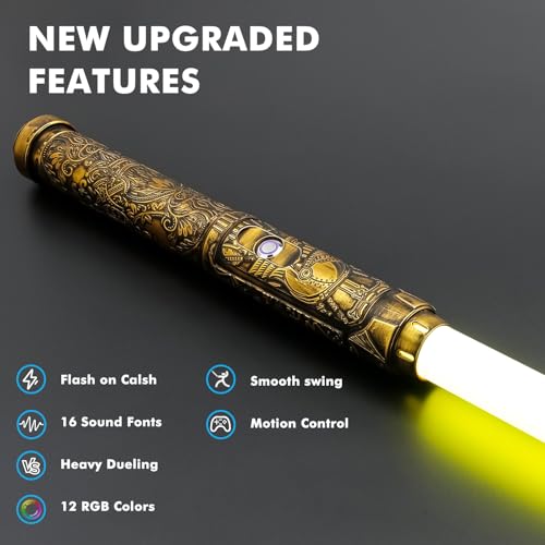 Borlvias Lightsaber Dueling Light Saber with 12 RGB Colors 16 Sound Fonts Smooth Swing Motion Control Force FX Lightsabers Cosplay Props(1 Pack, Gold)