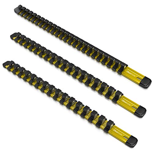 Olsa Tools Aluminum Socket Organizer, 3pc Set - Yellow Socket Holder Kit 1/2-Inch, 3/8-Inch, and 1/4-Inch Drive - Holds 58 Chrome or Impact Sockets - Professional Grade Socket Rails - Part: 1110
