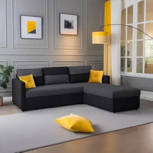 FURNY Arno 4 Seater Fabric RHS L Shape Sofa Set (Dark Grey-Black)