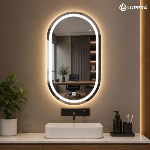 Image of 24x24 Inch Round Glass Wall Mounted LED Mirror with Smart Touch Sensor & 3 Color Lights (Warm, Cool, Natural) for Bathroom, Washbasin & Vanity (Capsule)