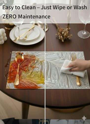 Image of Dakshya Industries PVC Waterproof Dining Table Mats Set of 7 (6 Rectangular Placemats + 1 Leaf Table Runner) | Heat Resistant Washable Non Slip Table Mats for Dining Table Kitchen Home Decor