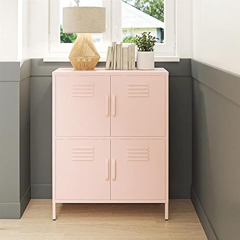 REALROOMS Shadwick 4 Door Metal Locker Style Accent Storage Cabinet, Pale Pink Cover