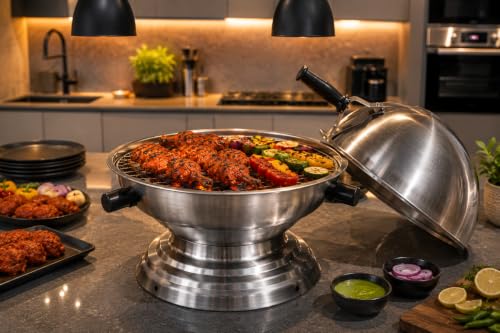 Image of Gas Tandoor Bati Maker | Stainless Steel Mirror Finish 3 Piece Set Gas Stove Tandoor with Heat Resistant Handles & Dome Lid for Bati, Roti, Naan, Pizza, Tikka and Grilling Maker