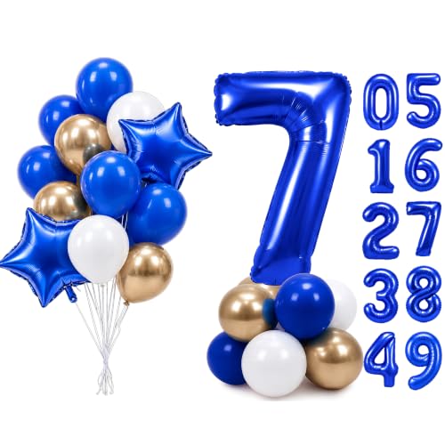 PartyWoo Royal Blue Number 7 Balloon 40 Inch 25pcs Blue Star White Gold