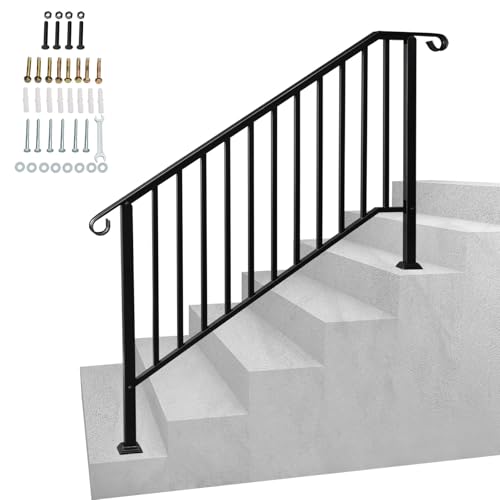 Image of Handrails for Outdoor Steps, Fit 4 or 5 Steps Outdoor Stair Railing, Galvanized Iron Outdoor Handrail, Flexible Porch Railing Transitional Rail with Installation Kit for Stairs,Garden &House Entrance