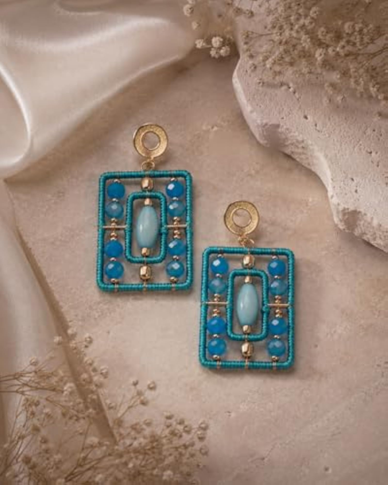 Women's Turquoise Cotton Thread & Crystal Beaded Earrings