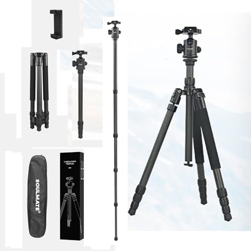 Trípode de cámara de fibra de carbono de 65 pulgadas, trípode DSLR de fibra de carbono 8X, trípodes compactos con cabeza de bola de 360°, trípode alto, carga útil de 8 kg