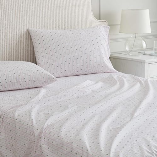 Image of Martha Stewart - Full Size Sheet Set, Crisp & Tailored Sheets with a Smooth Cotton Percale Feel - Floral Bed Sheets with Matching Pillowcases & Fitted Sheet (Floral Stripe Pink)