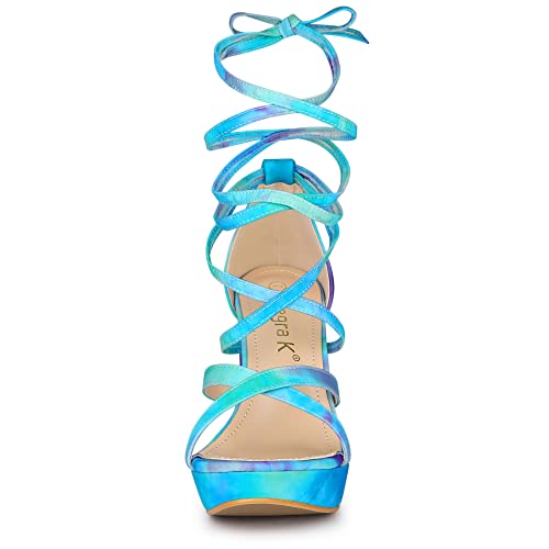 Allegra K Allegra K Women's Tie Dye Platform Chunky Heel Lace Up Cyan Sandals 10 M US