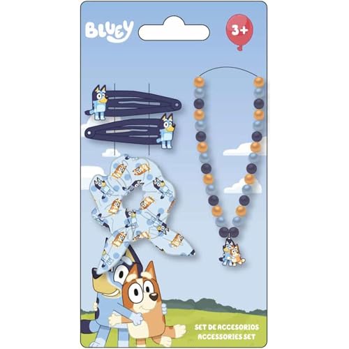 Bluey Kinder Beauty Set - Farbe Blau und Rosa - Komplettset - enthält Haarspange mit Schleife, Halskette und 2 Haarspangen - Original Produkt entworfen in Spanien