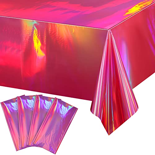 4 Pack Hot Pink Iridescence Plastic Tablecloths Shiny Disposable Laser Rectangle Table Covers Holographic Foil Tablecloth Iridescent Party Decorations Birthday Bridal Wedding Christmas, 54 x 108 Inch