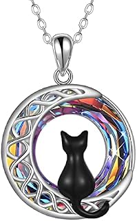 POPLYKE Cat Necklace Sterling Silver Crystal Celtic Moon Pendant Irish Jewelry Gifts for Women