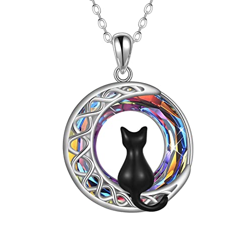 POPLYKE Schwarze Katze Halskette für Frauen Sterling Silber Kristall keltischen Mond Anhänger irischen Schmuck Familie Geschenke Cover
