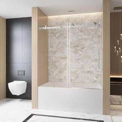 60 Inch Brushed Nickel Frameless Shower Door, 6mm Safety Tempered Glass, Space Saving Design for Small Bathrooms, Fingerprint-Resistant Stainless Steel Track