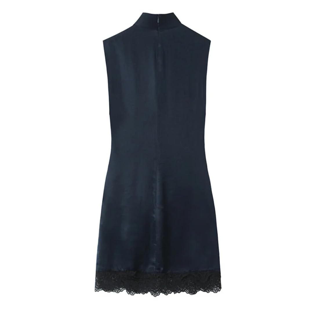 Vestido de Mujer Vestido Mini de Satén Azul Invierno Azul Invernal, Cuello semialto y Encaje Mini Vestido