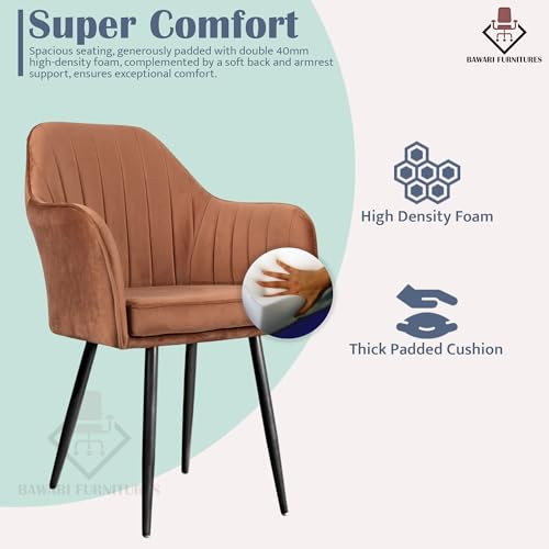 Image of Plush Dining Chair | Accent Chair for Living Room Bedroom Restuarant | Velvet Fabric & Thick Cushion Seat with Sturdy Glossy Metal Legs (Black Legs, Light Brown)