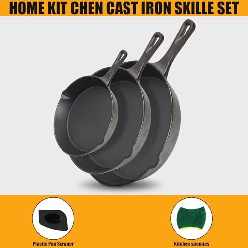 Set of 3 Preseason Cast Iron Skillets, Cast Iron Induction Frying Pan Set with 6 Inch, 8 Inch and 10 Inch Saute Fry Pans, Pizza, Oven Safe (Black) - Image 4