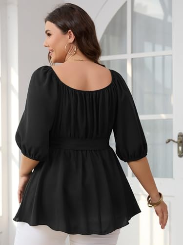 Women's Plus Size Square Neck Peplum Blouses Dressy Tops 3/4 Puff Sleeve Empire Waist Tie Ruffle Hem Babydoll Top4