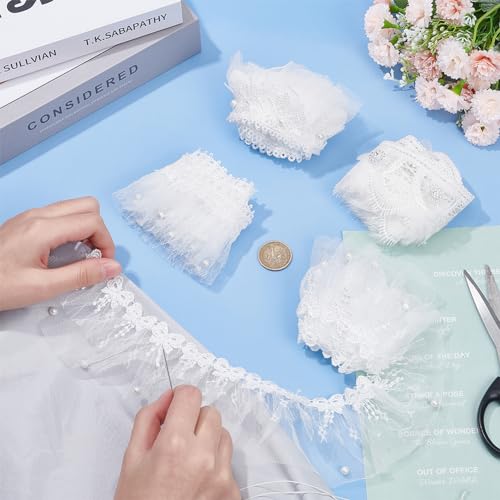 MAYJOYDIY 3.66m 4 Styles White Ruffles Lace Trim with Beads Pleated Embroidery Ribbons Pearl Tulle Fabric Trim for DIY Craft Sewing Curtains Clothing Wedding Dress - Image 3
