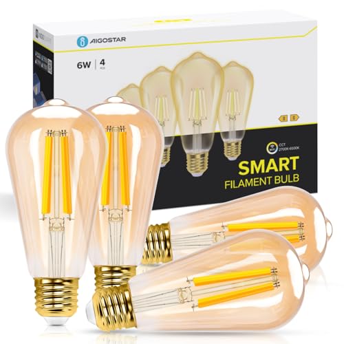 Aigostar Alexa Glühbirne E27 Edison Glühbirne 6W 805LM Dimmbare Retroglühbirnen ST64 Smart Lampe Wlan Dimmbar 2700K-6500K App Steuern Kompatibel mit Alexa und Google Assistant. Gold 4 Stück
