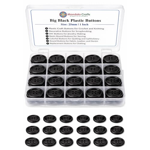 Image of Mandala Crafts 25mm 1 Inch Big Black Plastic Buttons for Sewing – 50 Round Resin Buttons Replacement with 4 Holes