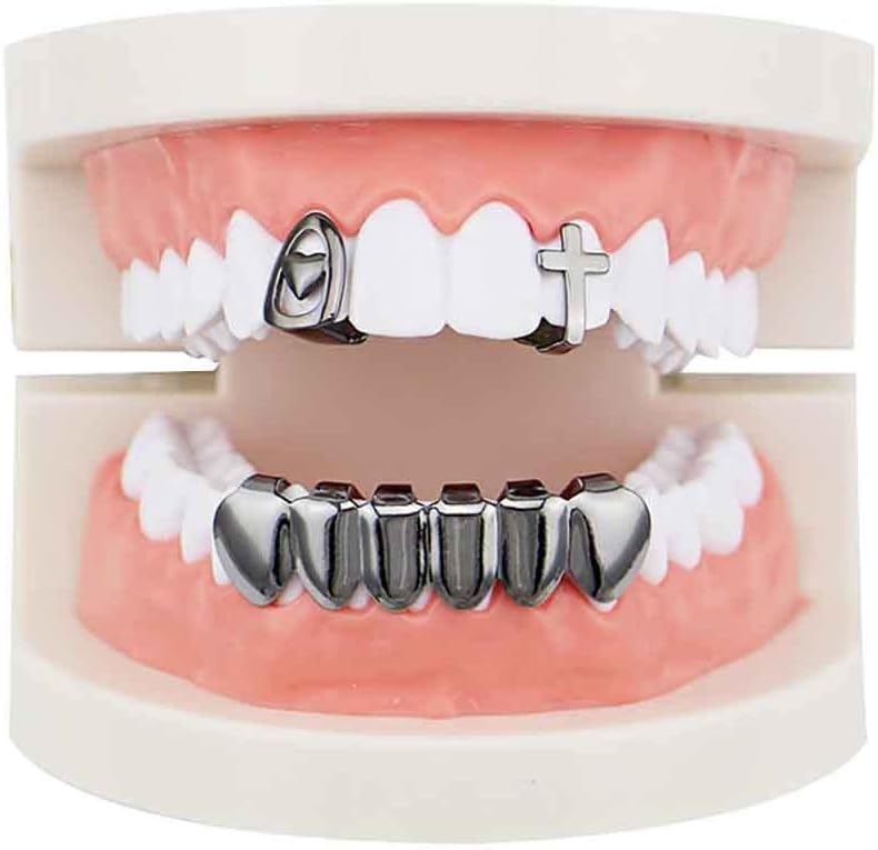 canjoyn 2 Single Heart Cross Shape Top Grillz Teeth and 6 Bottom Set Hip Hop Grillz Vampire Fangs Grillz Cosplay Accessory