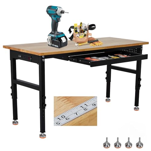 60" x 24" Workbench, MERXENG Heavy Duty Work Bench with Power Outlet, Scales, Drawer, Pegboard, 6 Hooks, 2200 LBS Load Capacity, 8 Adjustment Height Work Table for Garage, Workshop, Office, Home, Foot