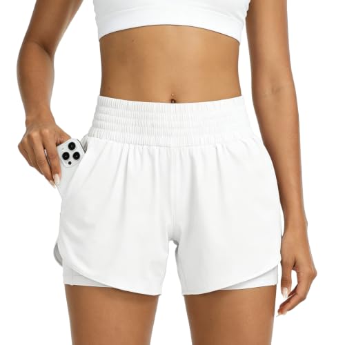 Image of GOZINA Womens 2-in-1 Running Shorts with Phone Pocket, Lightweight Gym Yoga Ladies Sports Shorts for Running, Hiking & Training (UK, Alpha, M, Regular, Regular, 1, White)