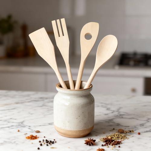 Leddy Living Set 4 Mestoli Legno di Faggio – resistenti al calore, anti graffio per padelle antiaderenti, eco friendly, ergonomici, ideali per mescolare e servire