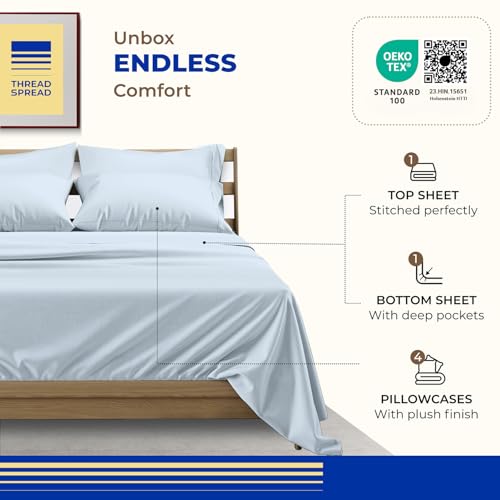 Image of THREAD SPREAD Egyptian Cotton Sheets King Size - 1000 Series High Thread Count Cotton King Size Sheets Set (6 PC, Light Blue), 16 inch Snug Fit Deep Pocket, Sateen Weave Ultra-Soft Hotel Luxury Sheet Set