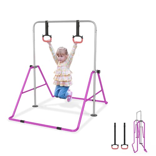 UISEBRT Barra de gimnasia ajustable para niños, plegable, altura ajustable de 91 a 133 cm, carga máxima de 140 libras, barra de gimnasia en interiores para niños, ideal para 3-8 años, color morado
