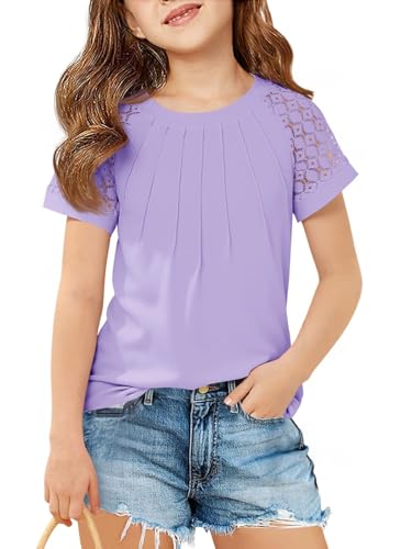Girls Pleated T Shirts Kids Fashion Lace Sleeve Summer Tops Casual Crewneck Blouse 5-14 Years Purple