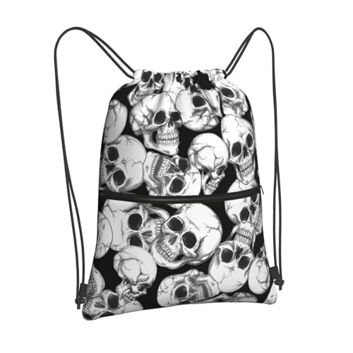 Image of Halloween Goth Skull Drawstring Backpack, Gothic Black White Skeleton Drawstring Bag, Waterproof Durable String Sackpack, Large Capacity Cinch Sackpack for Yoga Sport Beach Gym Shopping