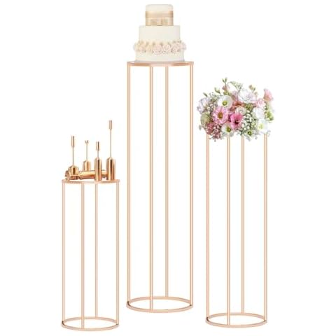 usego 3PCS Round Cylinder Stands Gold Flower Display Stand Metal Cylinder Pedestal Stands Floor Vase Tables Centerpieces 39.3in 31.5in 23.6in Tall Riser Cake Stand Holder For Birthday Party Wedding Cover