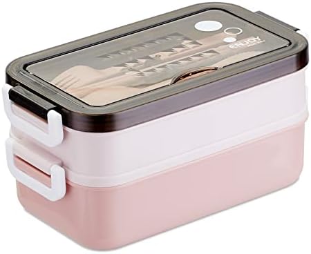 PUOENFGR Bento Lunch Box,Japanese-Style Large Capacity Double Layer stacking,Microwave Can Be Used,Comes with Three-Piece Cutlery Set,Adults Love It,Great for Camping,Work (Pink)