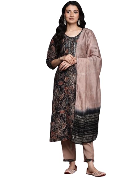 Varanga Women Black Round Neck Printed Embroidered Kurta Paired With Bottom And Dupatta