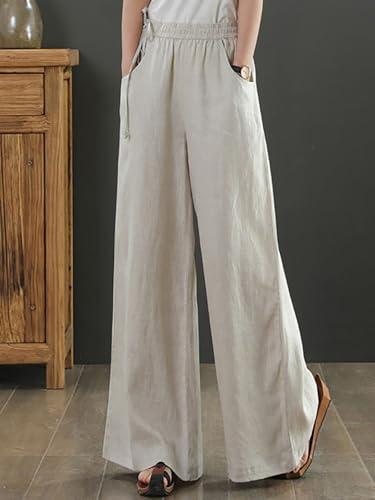 Image of KOTTY Women's Crumble Fabric High Waist Solid Color Drawstring Wide Leg Trousers Loose with Pockets